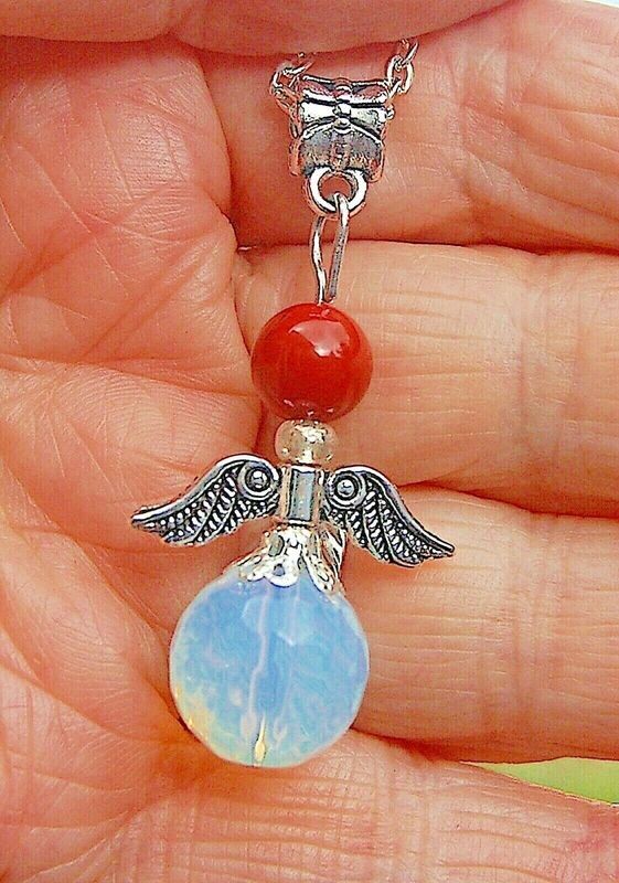 Opalite &amp; Jasper Crystal Guardian Angel Pendant Chain Prosperity Root Chakra