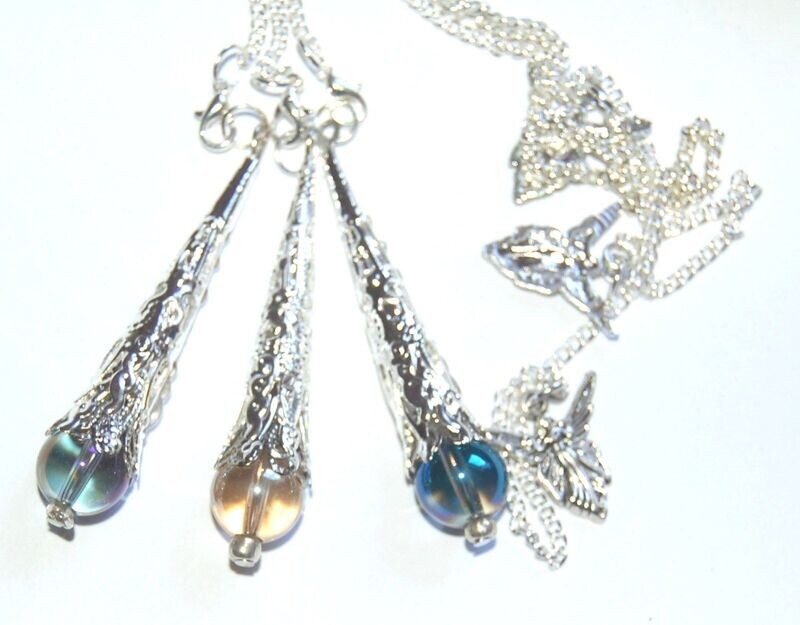 3 Mystic Celestial Purple &amp; Sunshine Aura Quartz Crystal Pendulums &amp; Angel