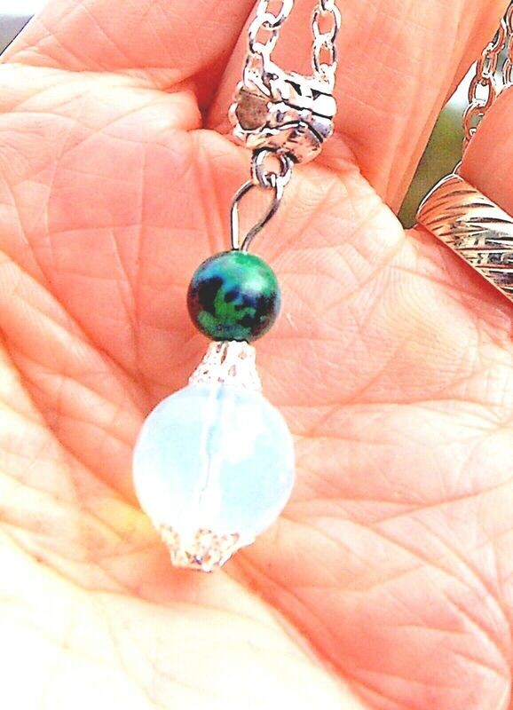 Chrysocolla &amp; Opalite Crystal Pendant on Chain Boxed Gift - Tranquility