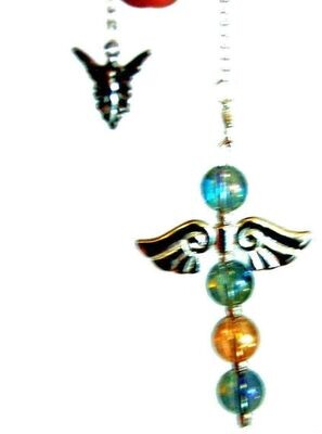 Amazing 3 inch Mystic Golden Celestial and Purple Quartz Pendulum - Large Silver Tone Wings