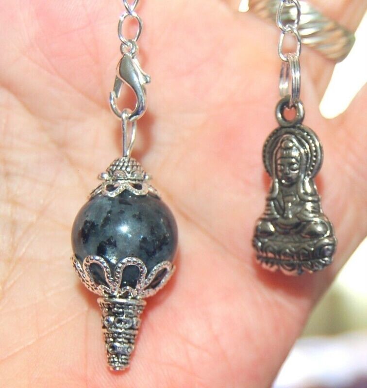 Larvikite Crystal Sphere Ball Pendulum - Pendant &amp; Kwan Yin Charm Protection