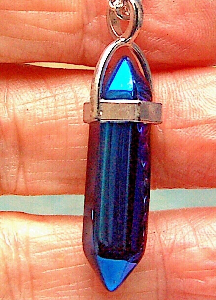 Cobalt Blue Aura Crystal Double Terminated Pendant - Inner Peace - Boxed Gift