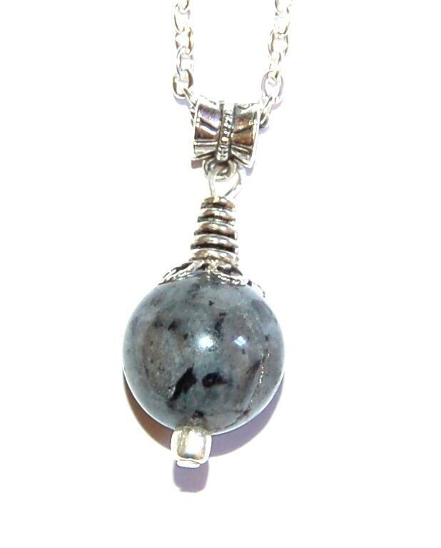 Larvikite Crystal Sphere Ball Pendant on Silvertone Chain - Protection Grounding