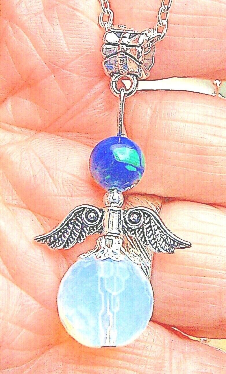 Opalite Azurite &amp; Malachite Crystal Guardian Angel Pendant Stimulate Psychic