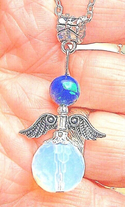 Opalite Azurite &amp; Malachite Crystal Guardian Angel Pendant Stimulate Psychic