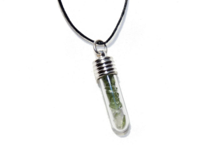 Moldavite and Herkimer Crystal Glass Vial Pendant - Genuine Authentic