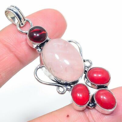 Very Large Rose Quartz Garnet & Carnelian 925 Silver Crystal Pendant Boxed Gift Unconditional Love Stability Relationships