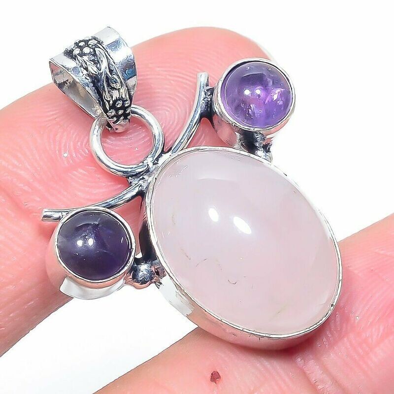 Large Rose Quartz &amp; Amethyst 925 Silver Crystal Pendant Boxed Gift Unconditional Love Spiritual Light