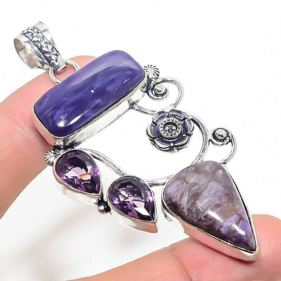 Very Large Charoite Sugilite & Amethyst 925 Silver Crystal Pendant Boxed Gift Higher Consciousness