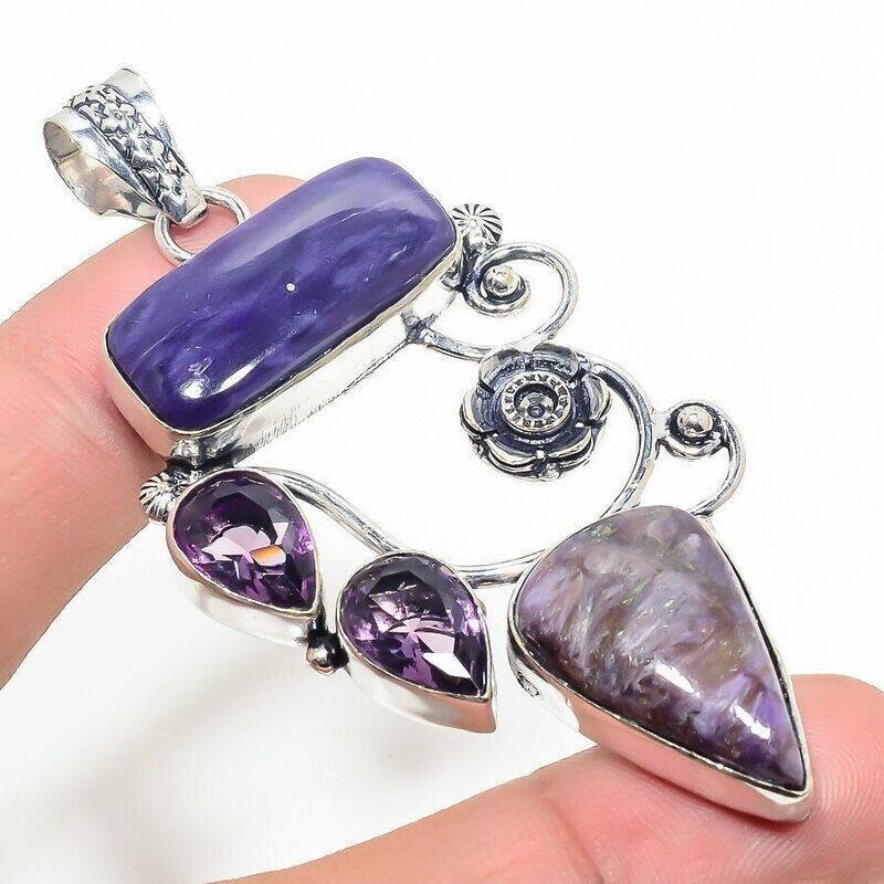 Very Large Charoite Sugilite &amp; Amethyst 925 Silver Crystal Pendant Boxed Gift Higher Consciousness