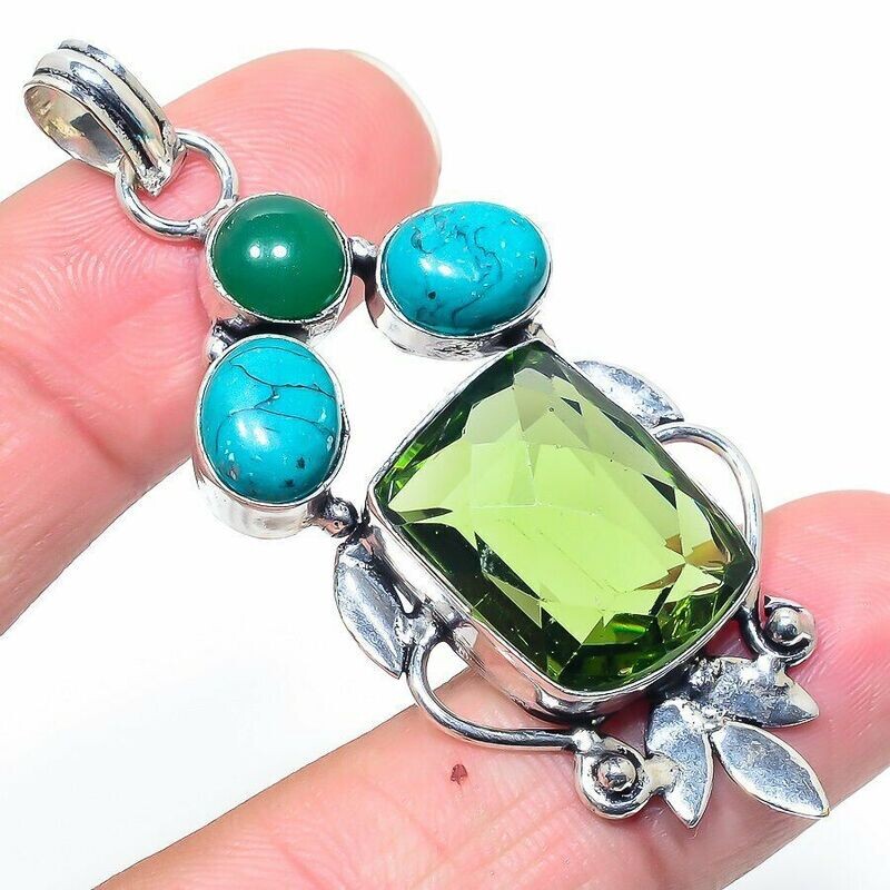 Very Large Peridot Turquoise &amp; Onyx 925 Silver Crystal Pendant Boxed Gift  Feel Good Divine Birthright