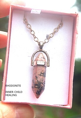 Rhodonite Double Terminated Crystal Pendant - Gift Box - Chain