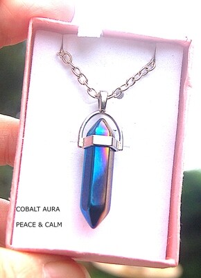 Cobalt Aura Double Terminated Crystal Pendant - Gift Box - Chain