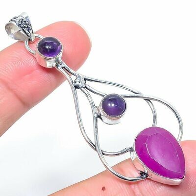 Very Large Kashmiri Ruby and Amethyst  925 Silver Crystal Pendant Boxed Gift