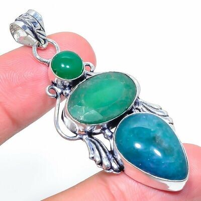 Large Emerald & Onyx 925 Silver Crystal Pendant 2 &1/2 inches Divine Will & Confidence