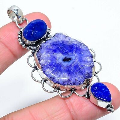 Very Large Solar Quartz and Lapis Lazuli 925 Silver Crystal Pendant Boxed Gift