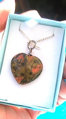 Unakite Crystal Heart Boxed Gift On Chain -PMS/PMT  - UK SELLER