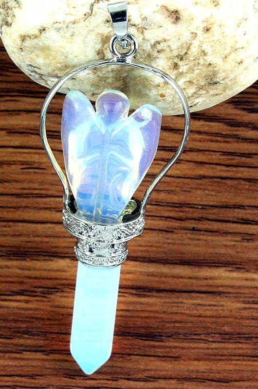 Large Carved Opalite Crystal Guardian Angel Pendant Boxed Gift - Chain Organza Pouch - Lunar and Angelic energy