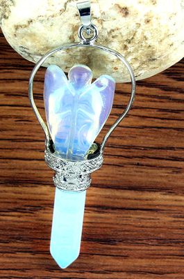 Large Carved Opalite Crystal Guardian Angel Pendant Boxed Gift - Chain Organza Pouch - Lunar and Angelic energy