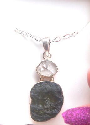 Free Ship UK Gift Box Wrapped Powerful Authentic Moldavite and Herkimer Crystal  Pendant on Chain - Transformation 925 silver