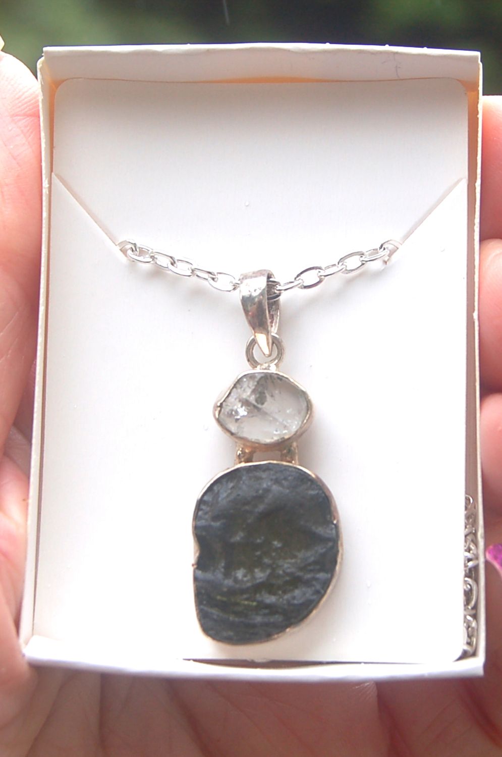 Free Ship UK Gift Box Wrapped Powerful Authentic Moldavite and Herkimer Crystal  Pendant on Chain - Transformation 925 silver