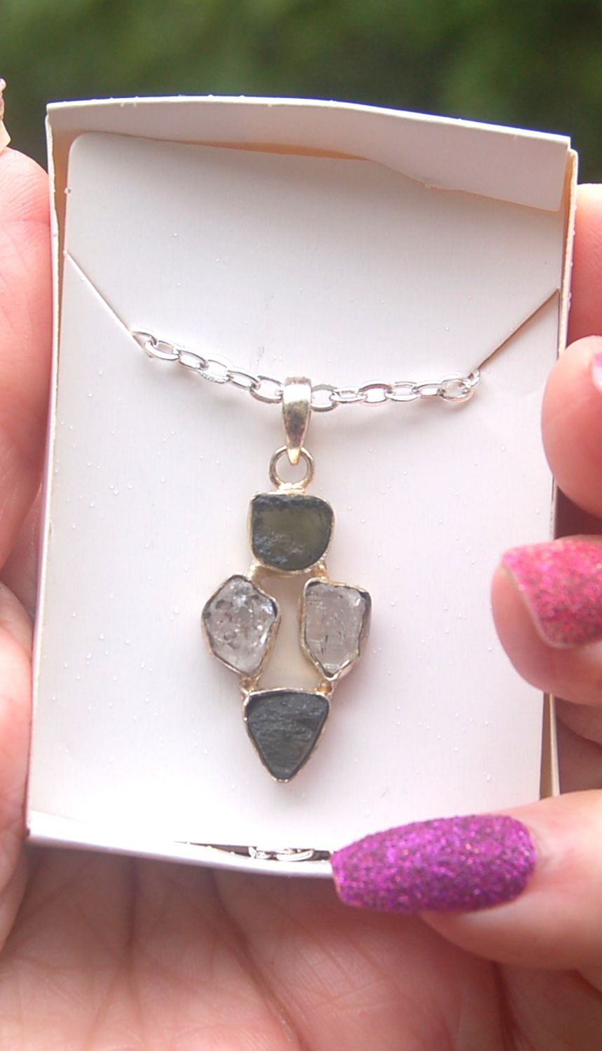 Moldavite, Prophecy Stone, Libyan Dessert Glass and Herkimer Crystal Glass Vial Pendant - other World Dimensions