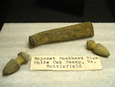 JUST ADDED ON 8/6 - THE BATTLE OF WHITE OAK SWAMP / SEVEN DAYS BATTLES - Confederate Brass Bayonet Scabbard Tip and Two Scabbard Tip Finials - with Original Collection Label JUST ADDED ON 8/6 - THE BATTLE OF WHITE OAK SWAMP / SEVEN DAYS BATTLES - Confederate Brass Bayonet Scabbard Tip and Two Scabbard Tip Finials - with Original Collection Label