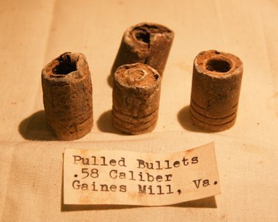 JUST ADDED ON 8/1 - THE BATTLE OF GAINES' MILL - Four Misfired/Pulled Bullets with Deep Bullet Worm Marks found in 1963 with Original Collection Label JUST ADDED ON 8/1 - THE BATTLE OF GAINES' MILL - Four Misfired/Pulled Bullets with Deep Bullet Worm Marks found in 1963 with Original Collection Label