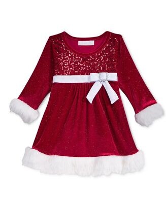 Bonnie Jean Baby Girl Long Sleeve Faux-Fur Trim Sequin-Embellished Sparkle Velvet Santa Dress