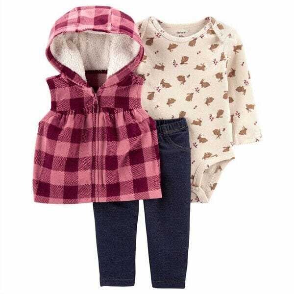 Original Carter's 3-Piece Brown Bunny Zip-Up Hooded Fleece Vest Set