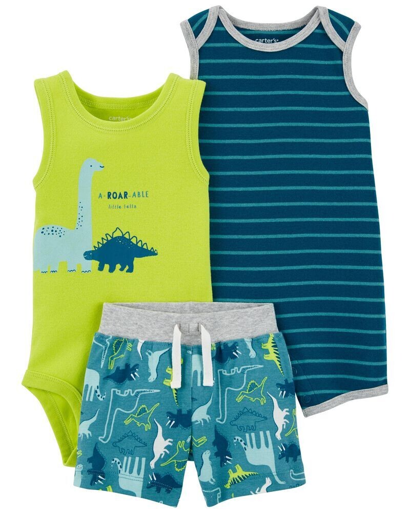 Original Carter's Baby Boy 3-Piece Dinosaur Bodysuit & Short Set