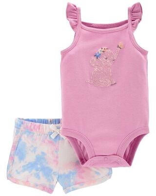 Original Carter's Baby Girl Purple Elephant Tank Bodysuit and Pink Tie-Dye Short Set