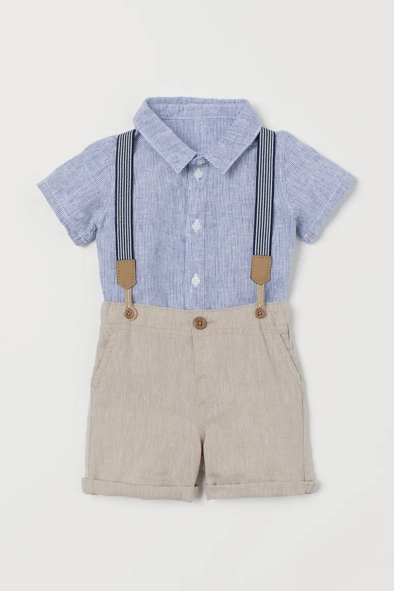 H&amp;M Boys 2-piece Linen Set with Suspenders