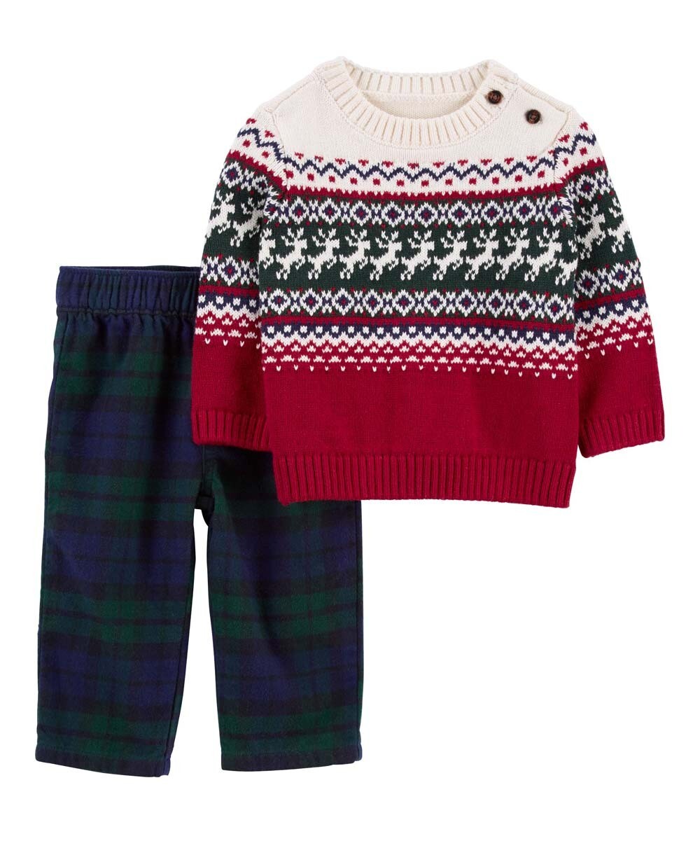 Original Carter&#39;s Red &amp; Green Fair Isle Sweater &amp; Navy Plaid Pants