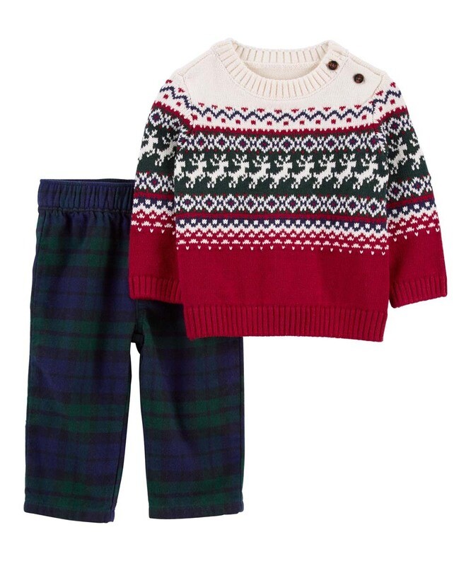 Original Carter&#39;s Red &amp; Green Fair Isle Sweater &amp; Navy Plaid Pants