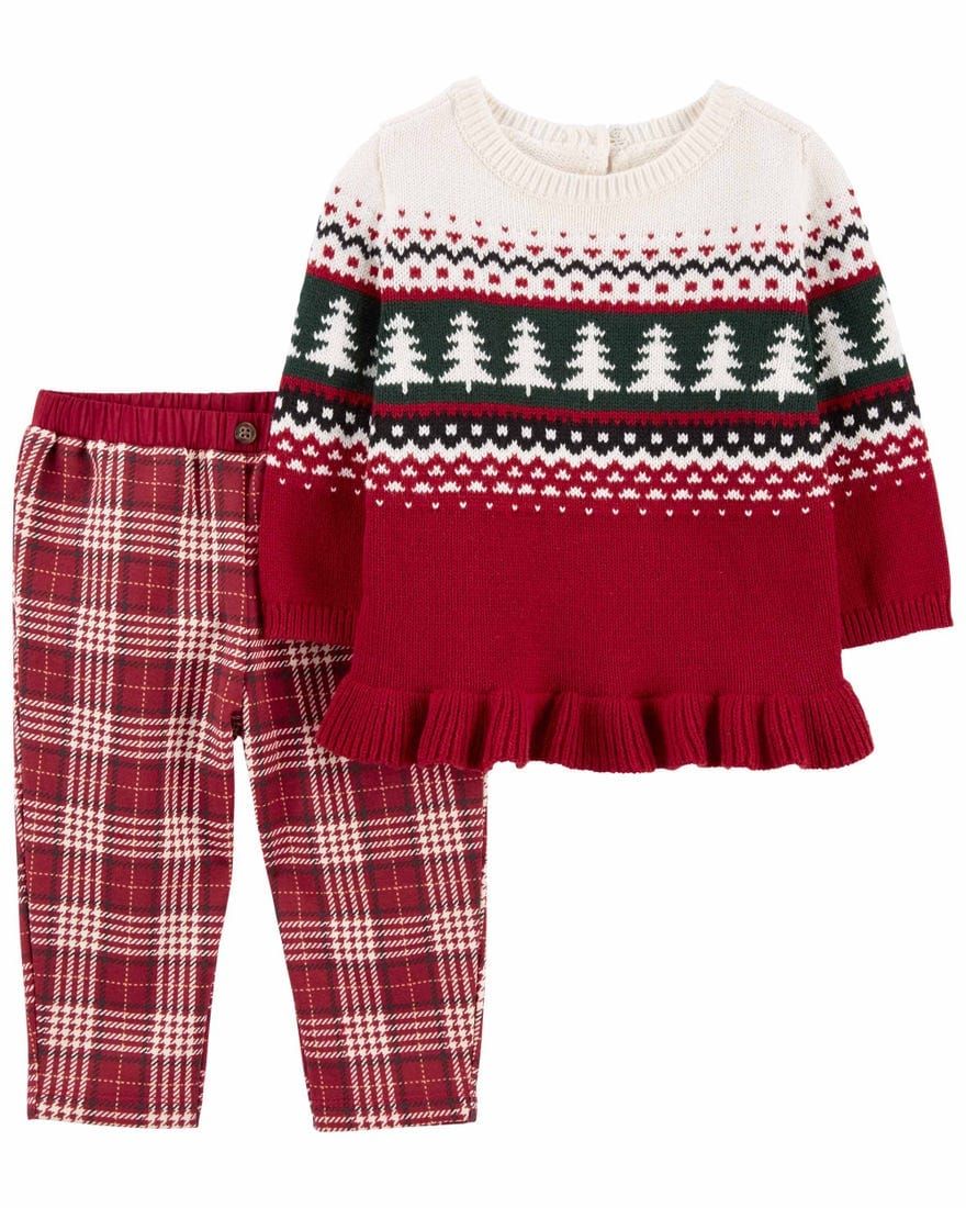 Original Carter&#39;s Baby Girl 2-Piece Holiday Peplum Top &amp; Fleece Pant Set