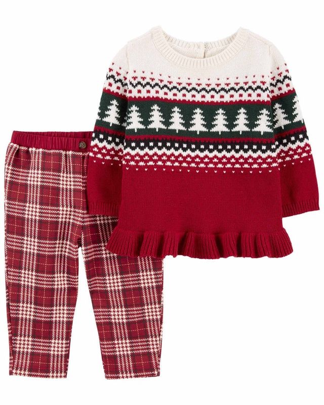 Original Carter&#39;s Baby Girl 2-Piece Holiday Peplum Top &amp; Fleece Pant Set