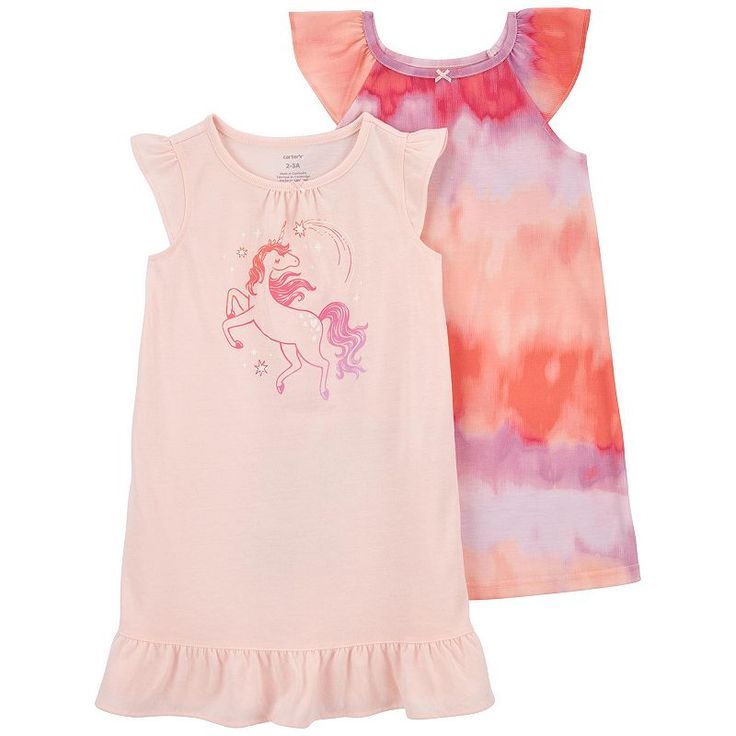 Original Carter&#39;s Girls 2-Pack Unicorn &amp; Tie Dye Sleeveless Ruffle Night Gown Set