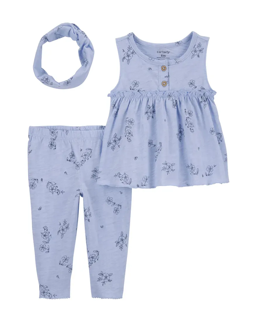 Original Carter&#39;s Girls 3-Piece Headpiece Floral Outfit Set