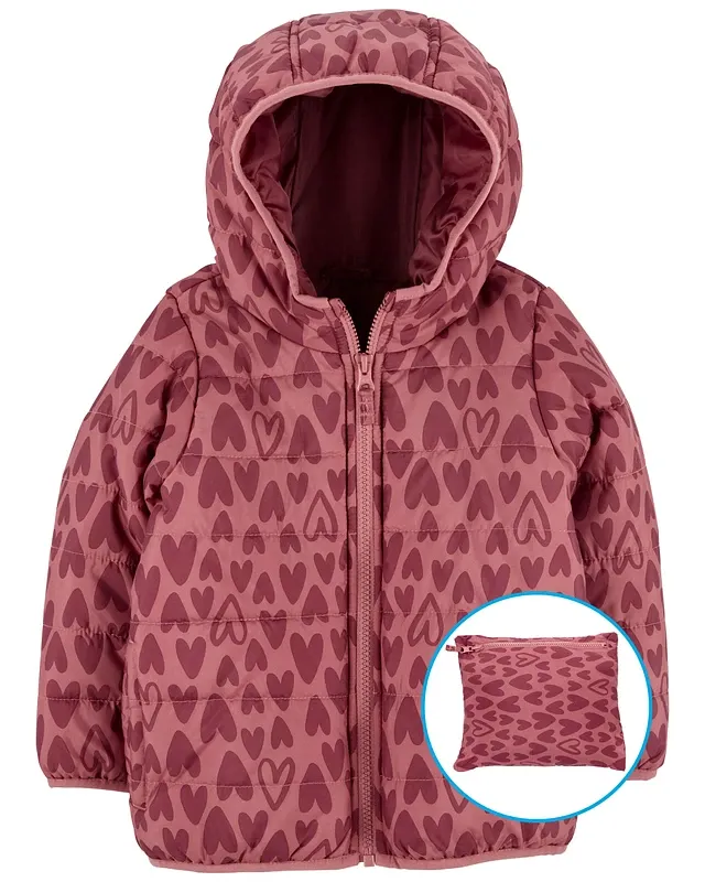 Original Carter&#39;s Girls Heart Print Packable Puffer Jacket