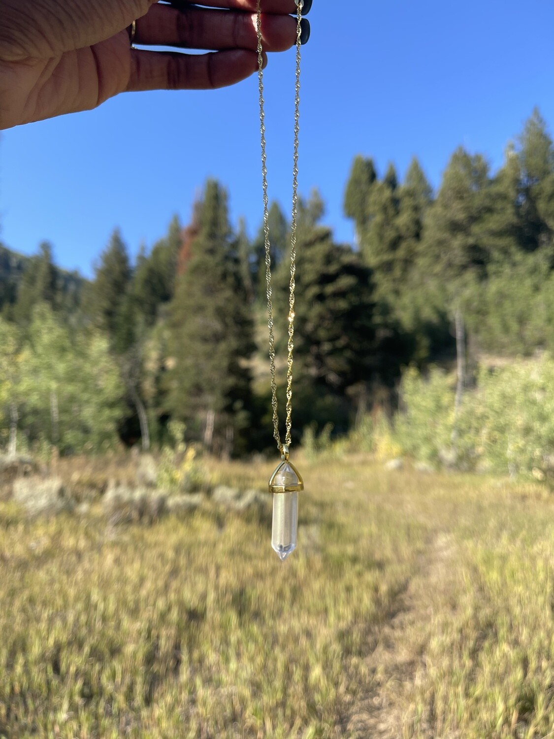 Polished Double-Terminated Angel Aura Quartz Necklace for Spiritual Clarity and Light (16 inches)