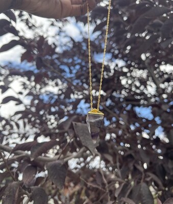 Polished Triangle Amethyst Necklace with Gold Accents for Calm and Clarity (18 inches) Polished Triangle Amethyst Necklace with Gold Accents for Calm and Clarity (18 inches)