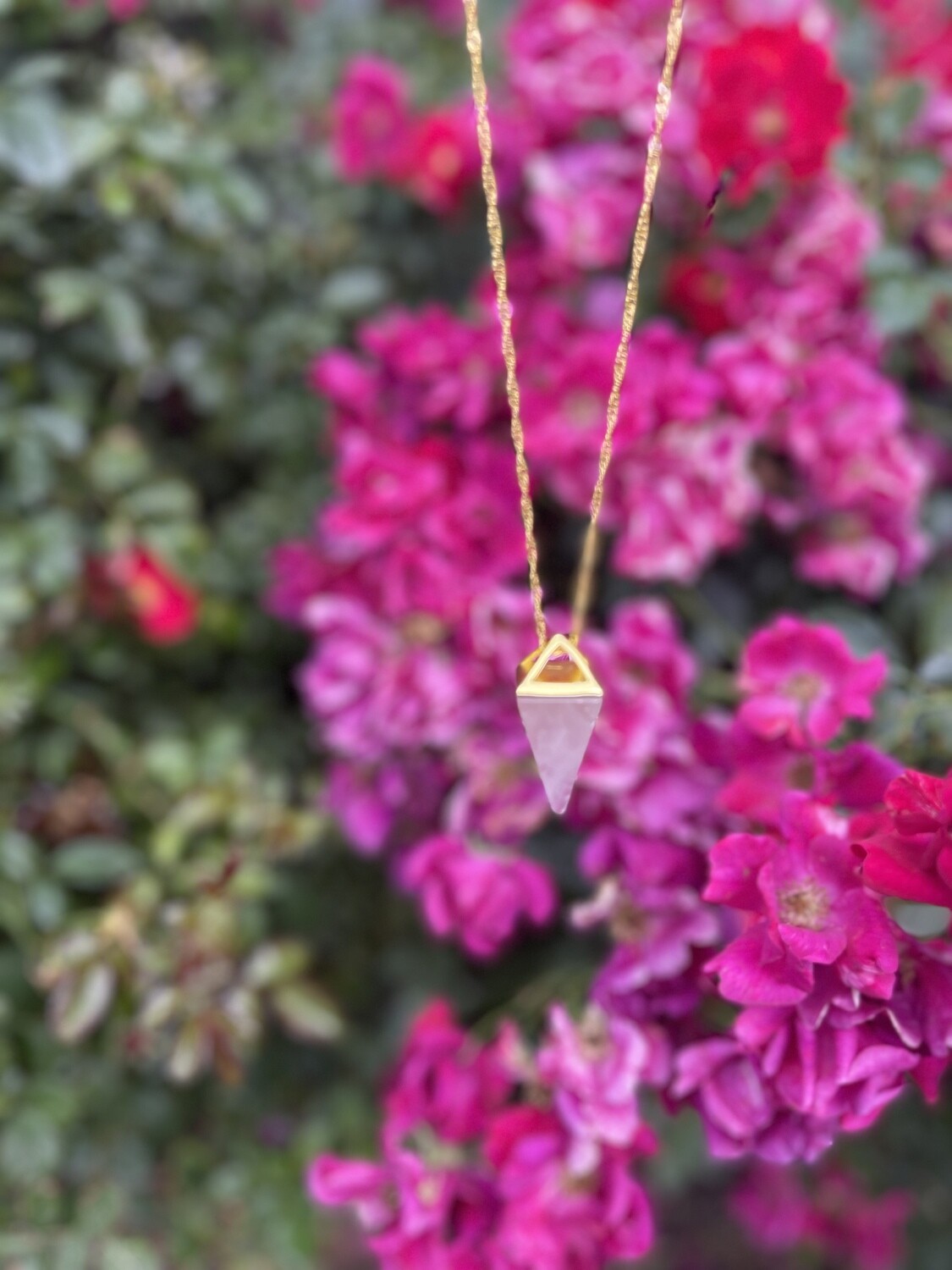 Polished Triangle Rose Quartz Necklace with Gold Accents for Love and Healing (16 inches)