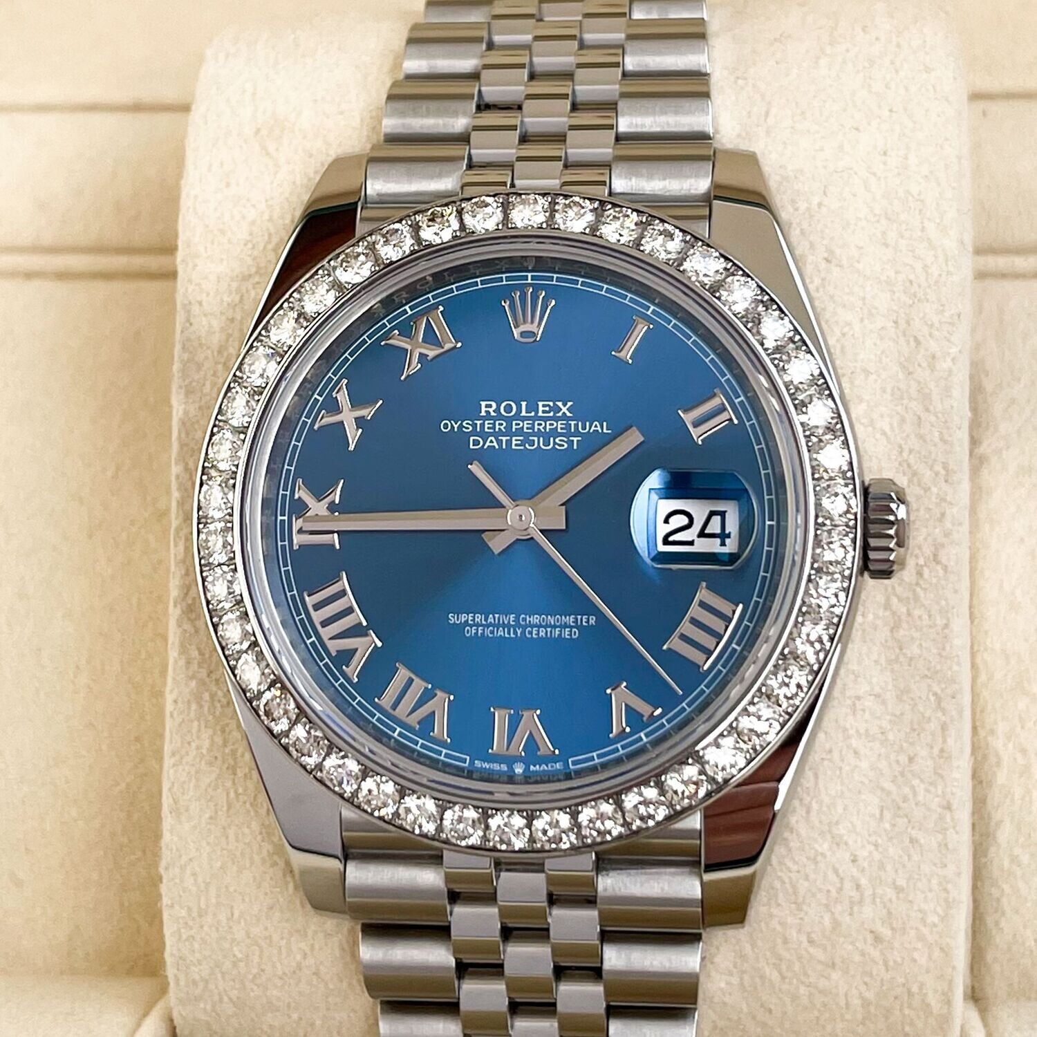 Rolex Datejust 41mm Full Set 2023 UNWORN Diamanten 126300 Azzurro Blau Diamond Bezel