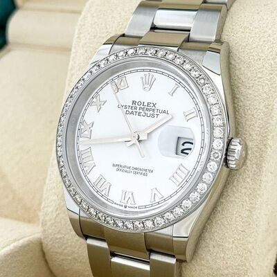 Rolex Datejust 36mm Weiß Full Set 2023 UNWORN Diamanten 126200 Diamond Bezel Iced