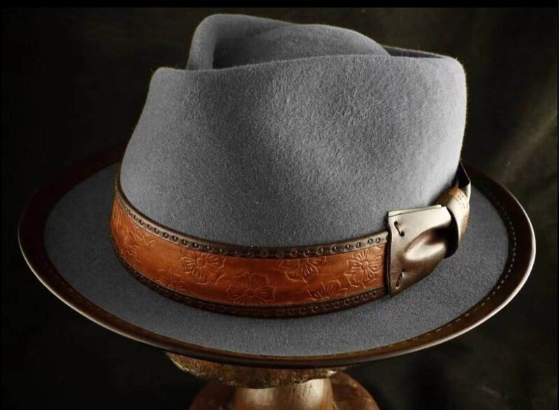 Slicklidz Gray Fedora Hat with sloped  top and brown floral band