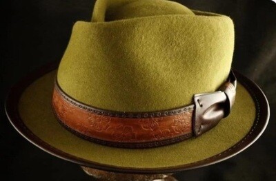 Slicklidz Fall Green Fedora Hat with sloped  top and brown floral band