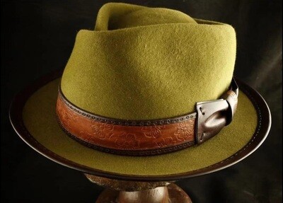 Slicklidz Fall Green Fedora Hat with sloped  top and brown floral band