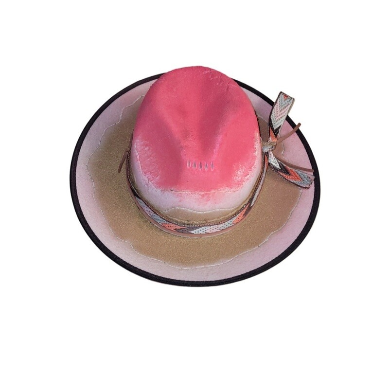 Slicklidz Custom "Strawberry Suga" hand painted and hand burned Fedora with multi colored pastel band