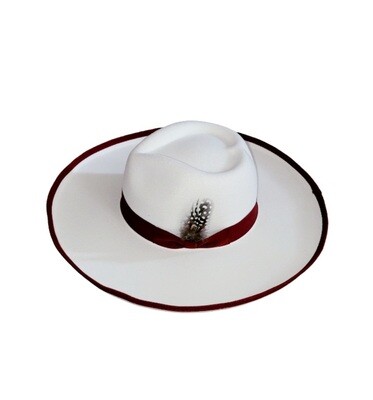 Slicklidz Cream Fedora Hat with burgandy band and trim featuring a heart top